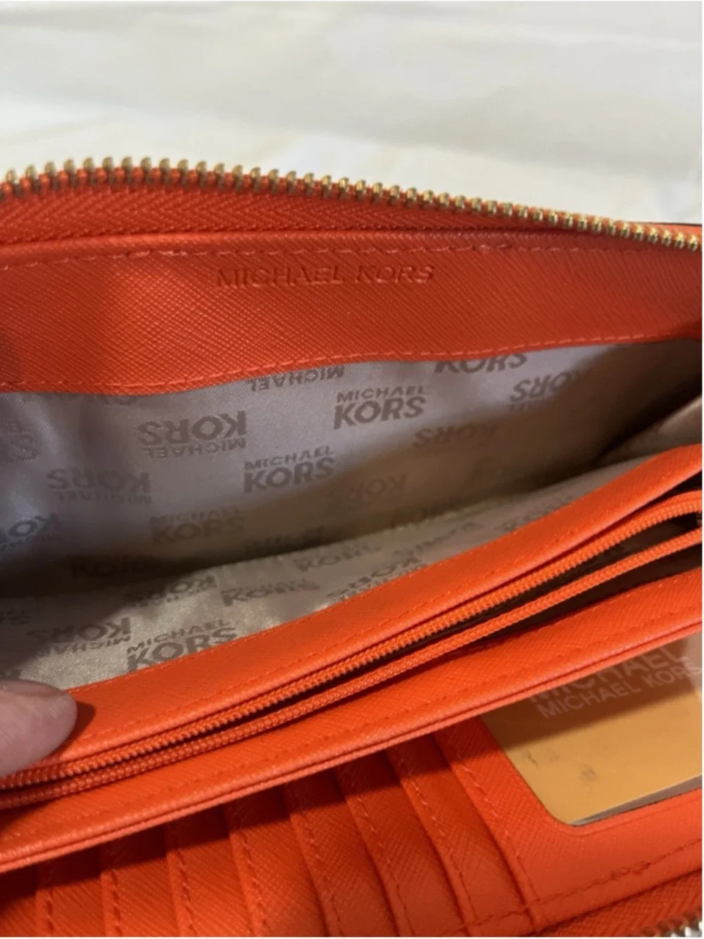Michael Kors Center Stripe Travel Continental Wallet/Wristlet in Natural/Orange